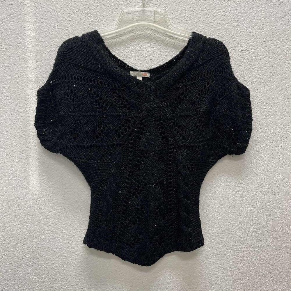 GB Giani Bini Womens XS Sweater V-Neck Dolman Crochet Knit Coastal Beach Black